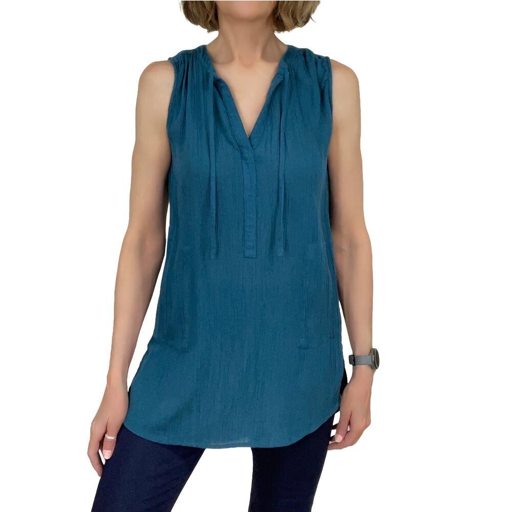 prAna Natassa Crinkled Tunic Sz XS Petrol Blue Modal Gauze Sleeveless Long Top